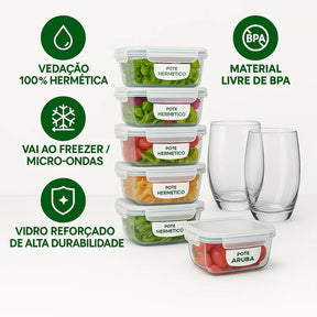 Kit 20 Potes Herméticos de Vidro + 10 Copos de Vidro Aruba de Brinde