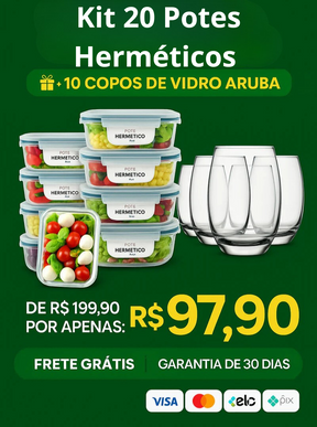 Kit 20 Potes Herméticos de Vidro + 10 Copos de Vidro Aruba de Brinde