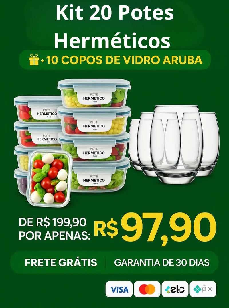 Kit 20 Potes Herméticos de Vidro + 10 Copos de Vidro Aruba de Brinde